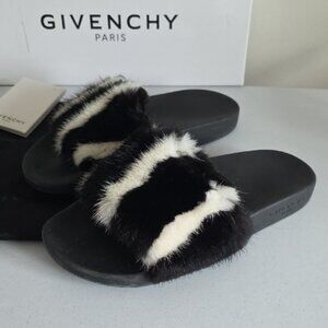 GIVENCHY | black and white mink fur flat slide sandals sz 40